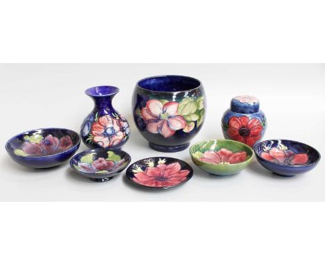 A Walter Moorcroft Pottery Small Planter, "Clematis" pattern, impressed mark and signature, 14cm high, together with a "Anemo