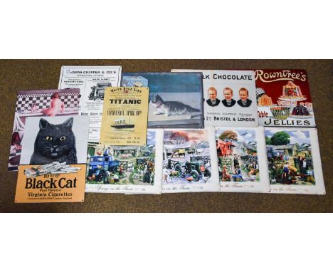 Seven Various Modern Advertising Signs, tobacco, soap, Titanic, etc., together with four "spring on the farm" signs