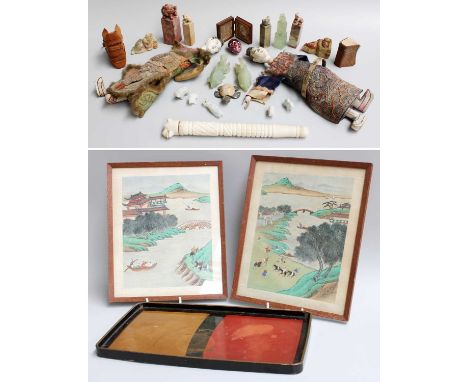 A Collection of Asian Art, including a pair of papier mache opera dolls, hardstone and jade carvings, Chinese watercoloures, 