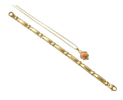 A 9 Carat Gold Fancy Link Bracelet, length 19.2cm; and A 9 Carat Gold Coral and Diamond Pendant on A 9 Carat Gold Chain, pend