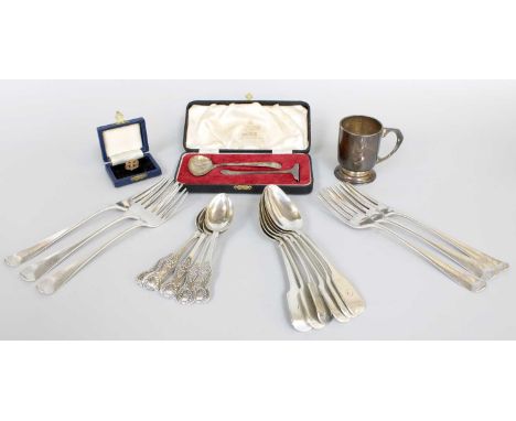 A Collection of Assorted George III and Later Silver Flatware, Old English, Fiddle and King's pattern; Together With a christ