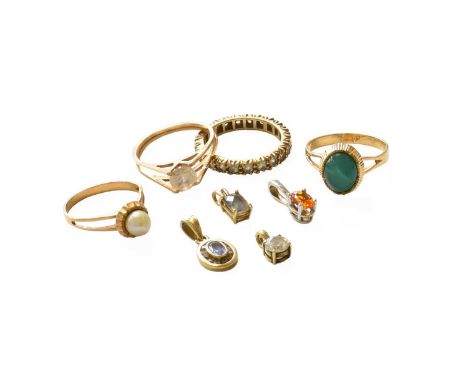 A Small Quantity of Jewellery, including a 9 carat gold synthetic spinel eternity ring, finger size M; a cultured pearl ring;