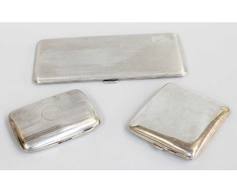 Three Silver Cigarette-Cases, one oblong, overall engine-turned and engraved with initials, Birmingham, 1947; two curved oblo