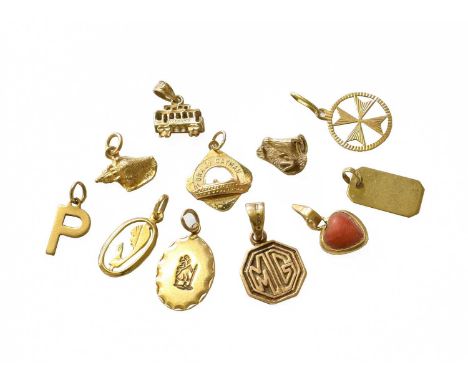 Eleven Charms/Pendants, of varying designs including a shell, a Maltese cross, coral etcOne stamped '800'. Two hallmarked 9 c