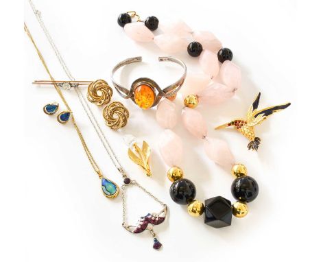 A Quantity of Jewellery, including a pair of 9 carat gold knot earrings, with post fittings; a rose quartz faceted bead neckl