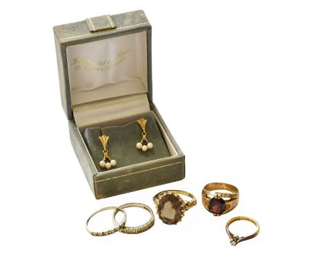 A Small Quantity of Jewellery, including a pair of 9 carat gold sapphire and cultured pearl drop earrings, with post fittings