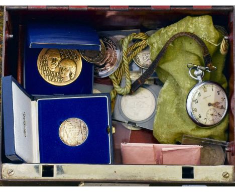 Early 20th Century Strongbox, containing a Victorian Crown 1895, A Leonidas pocket watch with engraved War Department broad a