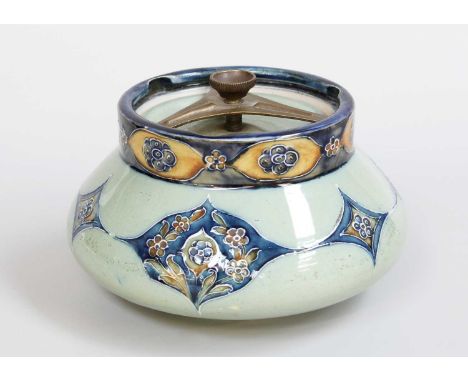 William Moorcroft (1872-1945) for James Macintyre: A Florian Forget-me-nots Pattern Tobacco Jar and Cover, circa 1900, brown 