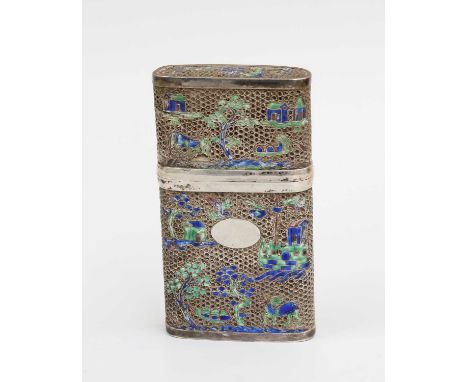 A Chinese Silver and Enamel Cheroot-Case, Apparently Unmarked, Late 19th Century, slightly tapering oblong, the filagree side