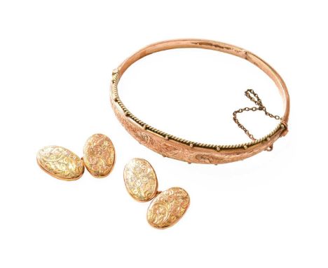A 9 Carat Gold Bangle, inner measuremets 6.0cm by 5.0cm; and A Pair of 9 Carat Gold Cufflinks Gross weight 10.0 grams.