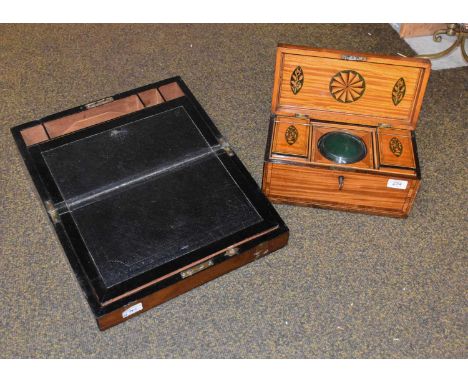A Regency Inlaid Satinwood Tea Caddy, with shell and flower patra, 32cm by 15cm by 15cm; together with a Victorian mahogany c