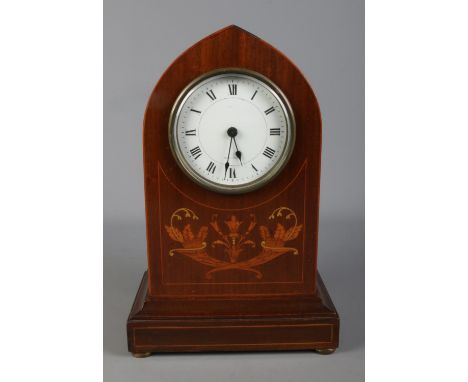 An Edwardian inlaid mantle clock possibly by J.H Potter, Sheffield. Roman numeral dial stamped Made in France.  