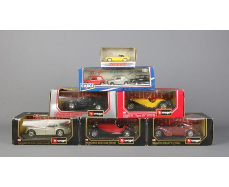 Five boxed Burago 1/24 scale model vehicles, together with Corgi three mini display set (93715) and Dinky 1967 Jaguar E Type 