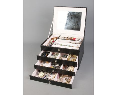 A faux leather jewellery case with contents of assorted costume jewellery to include Abalone ring, necklaces, bracelets, earr