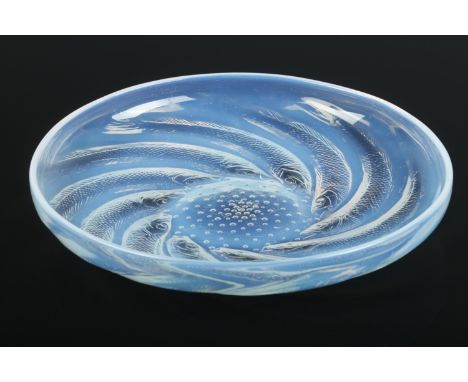 Rene Lalique, an opalescent glass Poisson dish/shallow bowl. Raised signature to centre, R Lalique. Diameter 25cm.  Scratchin