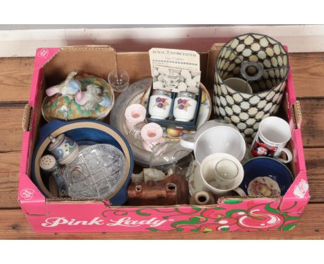 A box of assorted ceramics and glassware, to include Royal Worcester, Bunnykins, Poole and Denby examples.  