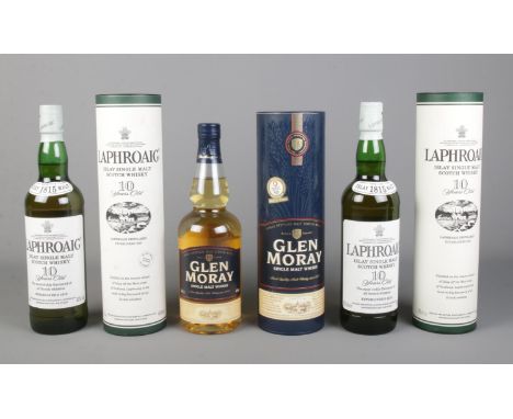 Three cased and sealed bottles of whisky, to include two Laphroaig Islay Single Malt Scotch Whisky (70cl) and Glen Moray Sing