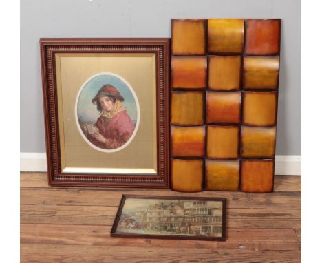 Octavius Oakley (1800-1867) print of a girl playing cards along with print titled Cock's Tavern and an abstract metalwork dis