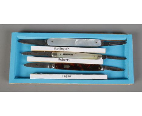 Three Sheffield made penknives including mother of pearl and tortoise shell examples. Stamped Skellington, Fagan and Roberts.