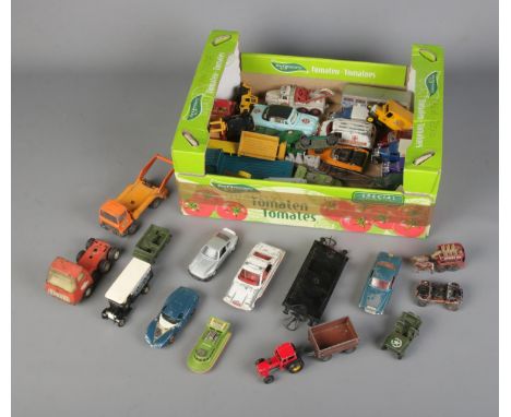 A box of loose play worn diecast vehicles to include Corgi, Lledo, Solido, etc.  