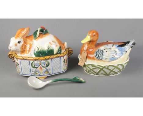 Two ceramic animal tureens to include Fitz and Floyd rabbit with ladle and Fairmont and Main duck.  