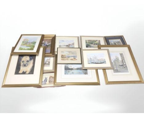 A large quantity of pictures and prints, Judy Boyes print, several watercolours initialled HRMD, still life study, etc. (2 bo