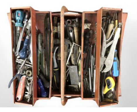 A metal concertina tool box and contents 