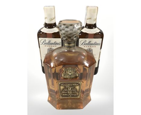 A bottle of Hiram Walker Canadian club classic twelve year old blended whisky, 1L, together with two bottles of Ballantine's 