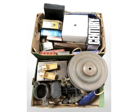 A group of metalwares including copper samovar, scales, blow lamp, etc, together with assorted tins, boxed cutlery, volumes, 