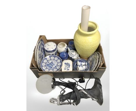 A contemporary Art Deco style table lamp and a quantity of Ringtons blue and white calendar plates, caddies, a modern Italian