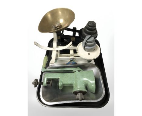Two sets of  F. J. Thornton scales, with graduated weights and a Harper enameled mincer.