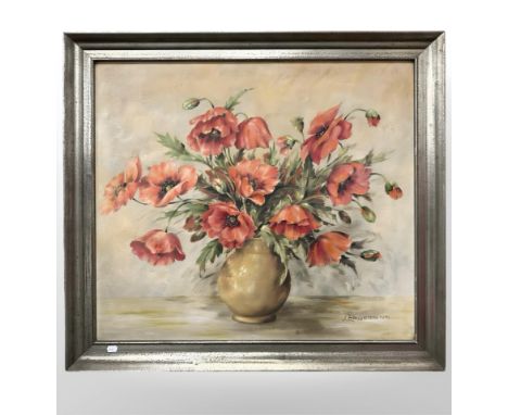 E Hagemann : Still life of poppies in a vase, oil on canvas, 79 cm x 69 cm.