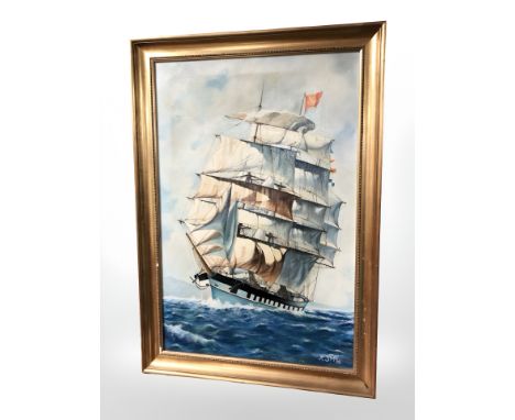 R Shaw (20th century) A tall masted ship at sea, oil on canvas, signed and dated '79, 75 cm x 49 cm.