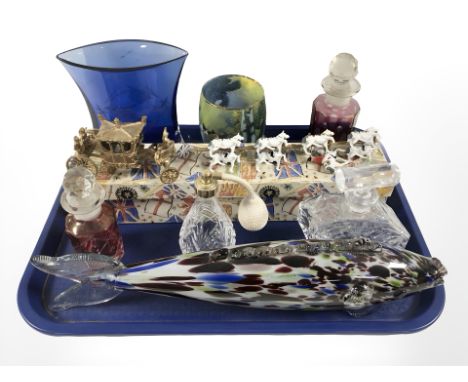 An Italian studio glass figure of a fish, perfume bottles, a Goebel glass decorated with cats, a Crescent die-cast Royal Coro