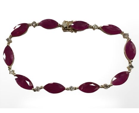 A 14ct yellow gold ruby and diamond bracelet, set with ten marquise-cut rubies (14.47 carats) and ten brilliant-cut diamonds 