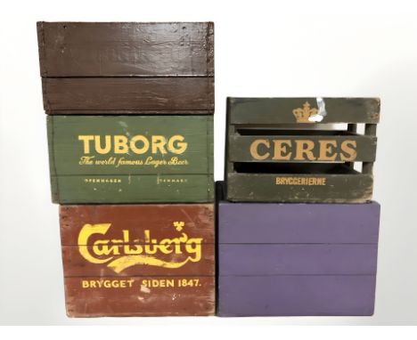 Five vintage painted pine bottle crates including Carlsberg, Tuborg, etc, width approximately 48 cm.