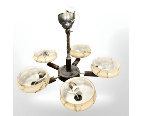 A 20th century continental pendant light fitting with five marbelled glass shades, diameter 72 cm.
