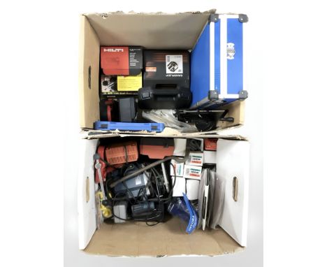 A group of hand and power tools, assorted hardware. (continental plugs, 2 boxes)