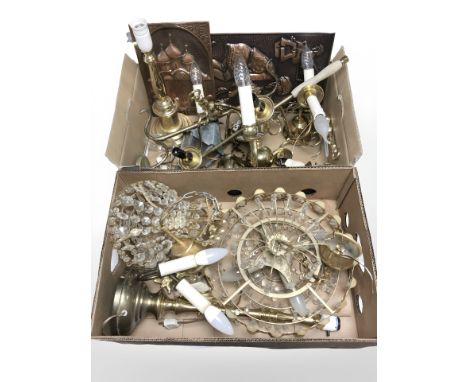 A group of contemporary continental brass lamp bases and other light fittings, two embossed plaques, etc. (2 boxes)