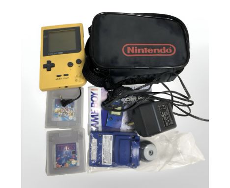 A Nintendo Gameboy Pocket console with bag, lead, games, etc.