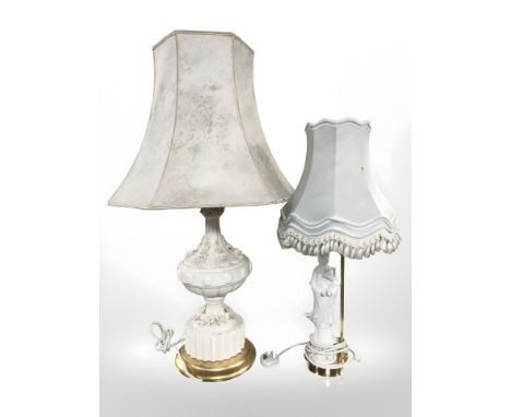 An oriental porcelain figural table lamp with shade and a further lamp in the form of an urn, tallest 82 cm overall.