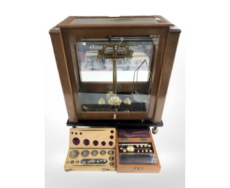 A set of Stanton of London model CB4 lacquered brass scales in glazed mahogany cabinet, width 40 cm, together with two boxed 