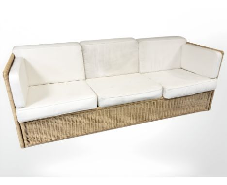 A 20th century wicker framed three seater settee, 210 cm long x 80 cm deep x 71 cm high 