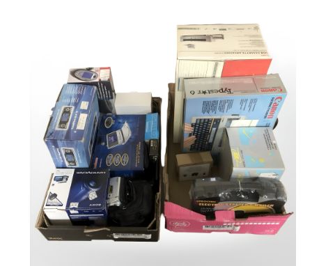 A quantity of electricals including portable DVD player, radio, Sony video camera, Ion USB cassette archiver, Canon typewrite