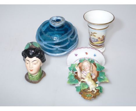 Art Glass vase signed Pauline Solven, Geisha head pin cushion, porcelain wall bracket and a porcelain spill vase