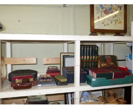 Firescreen, bookcase and books, wood bowls, cutlery, camera, records etc
