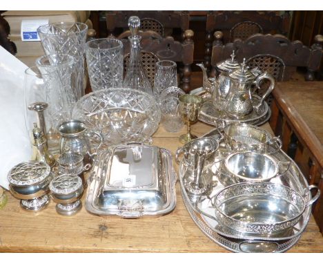 Collection of silver-plated ware, collection of glass vases, decanter, bowl and basket