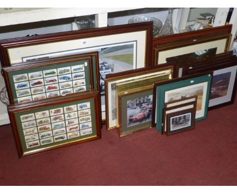 Automobile cigarette and tea cards in four frames and twenty various framed motoring prints