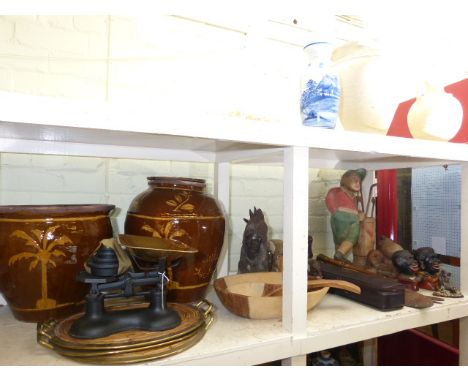 Two large crocks, kitchen scales, stone and carved wood busts, recorders, two money boxes, etc