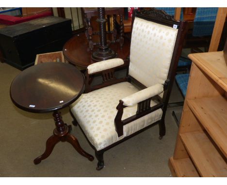 Victorian stained wood cabriole leg armchair and oval mahogany tripod occasional table